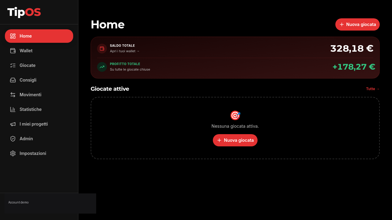 Dashboard TipOS: saldo, profitto e giocate attive