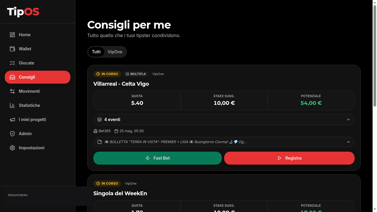 TipOS — Consigli: feed dei tipster con Fast Bet e Registra