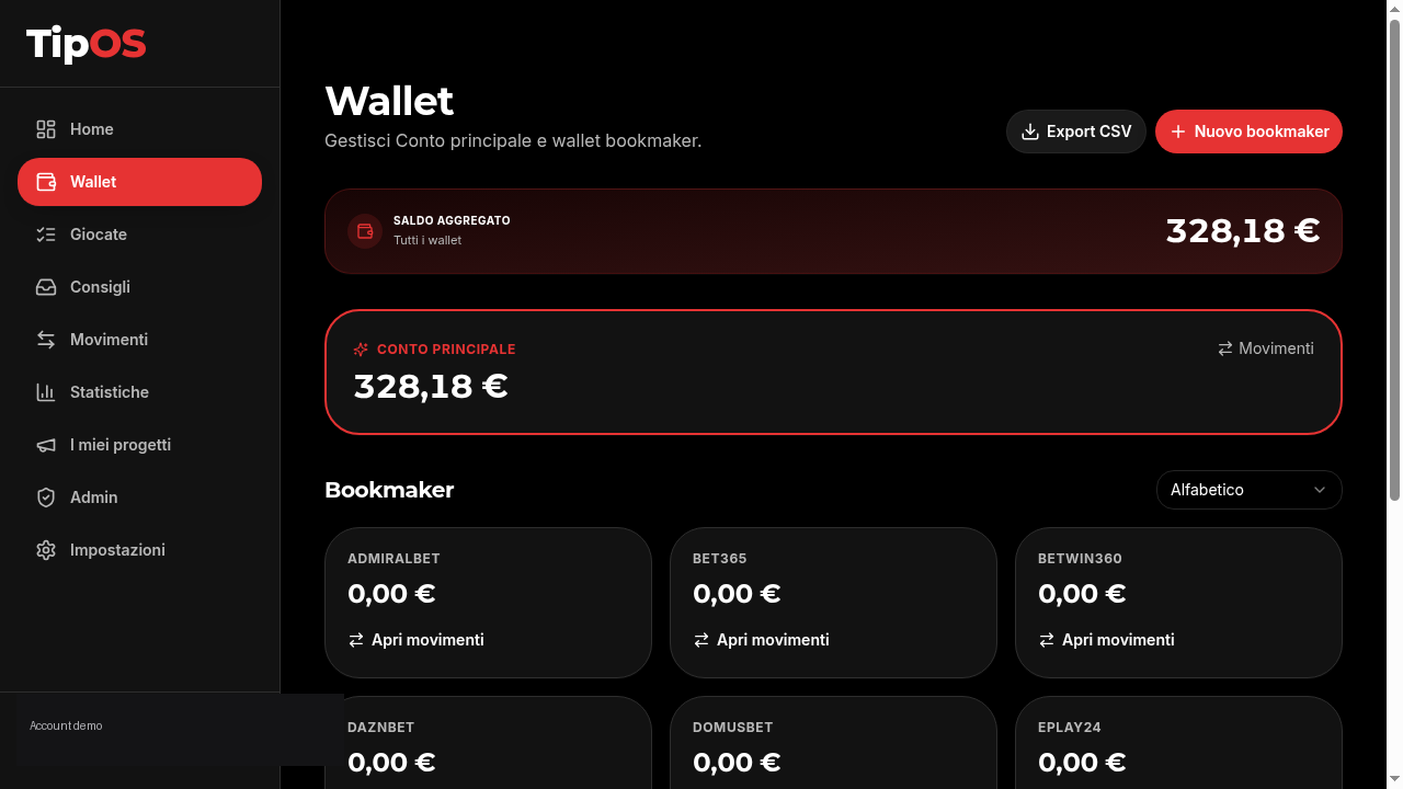 TipOS — Wallet: conto principale e wallet bookmaker