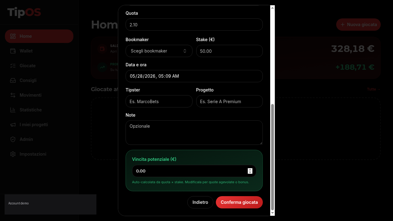 Registra una giocata — TipOS desktop
