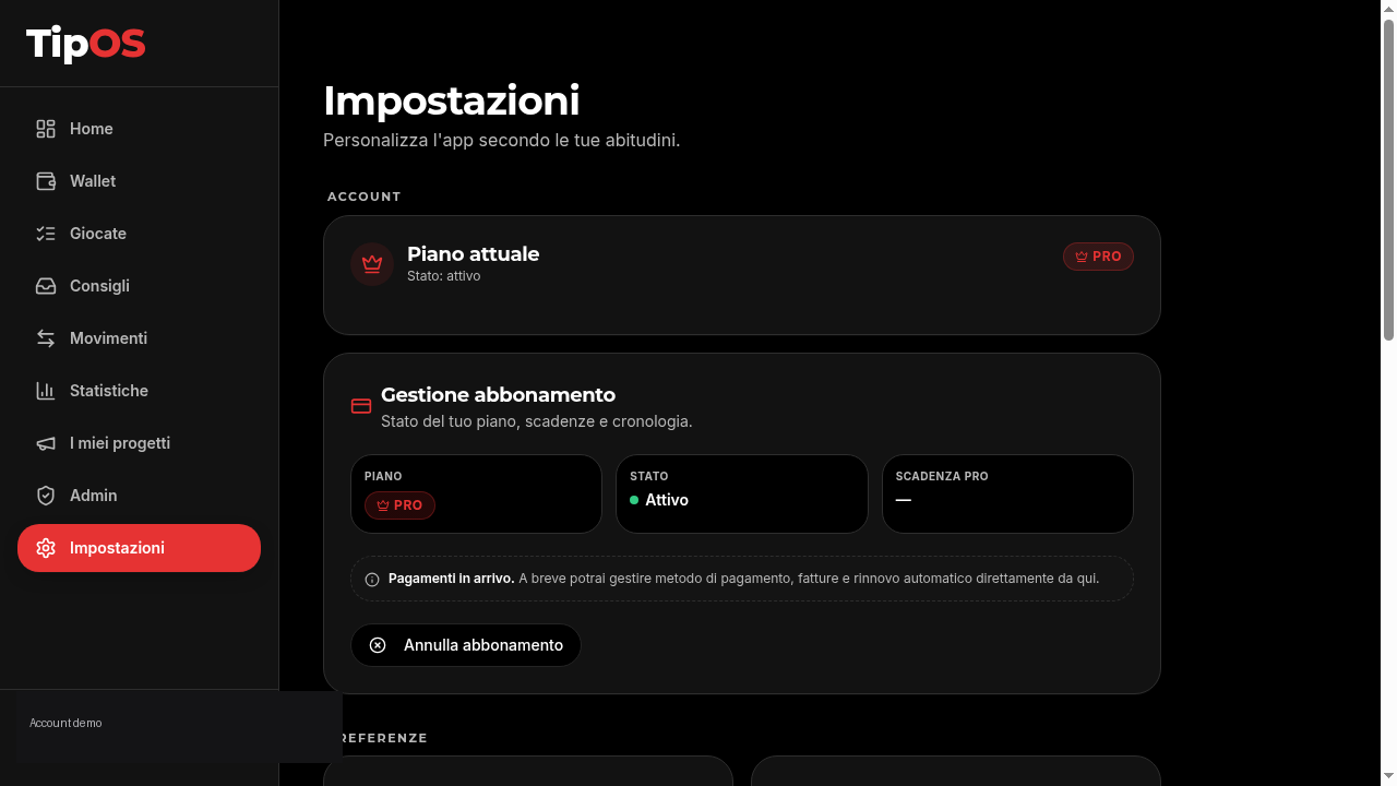 Piano e impostazioni — TipOS desktop