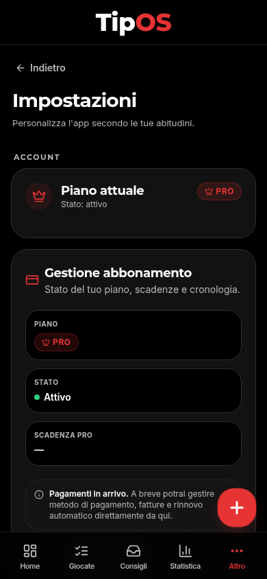 Piano e impostazioni — TipOS mobile